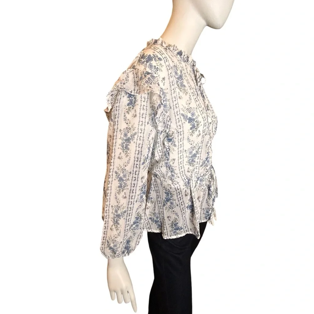 NEW Blu Pepper Blue White Floral Peasant Blouse Ruffle Detail Size Medium